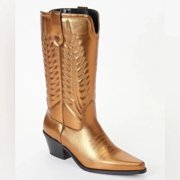 New - Zahra Western Metallic Bronze Heeled Cowboy Boots - Picture 4 of 8